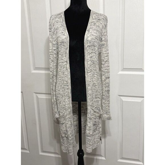Garage Sweaters - Women’s Garage Grey Navy Heather Open-Front Long Gray Knit Cardigan Sweater L